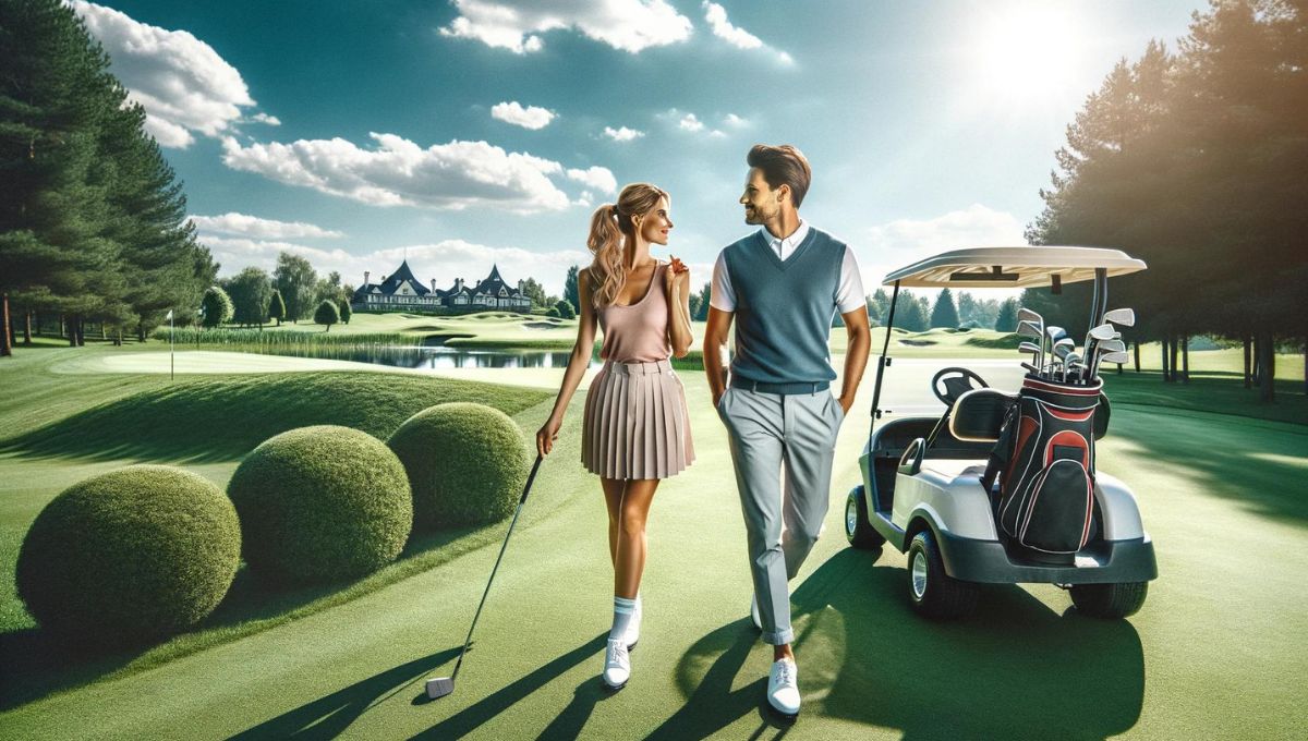 男性と女性の二人でゴルフコースを回る様子
