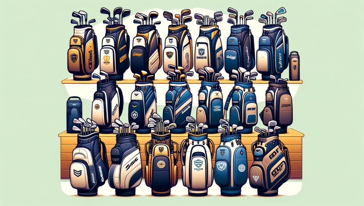 棚に並んだ複数のゴルフバッグ