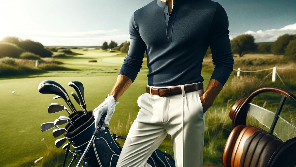 ネイビーのゴルフウェアと、清潔感のある白のパンツを着た男性